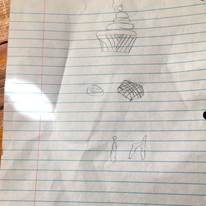 A drawing of a cupcake and chocolate that says hi
